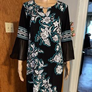 JM Collection Black Floral Bell Sleeve Dress Size M